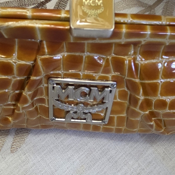 MCM Tan Crocodile Embossed Clutch